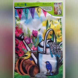 Embroidered Garden Yard Flag Welcome Birds Water Can Flowers